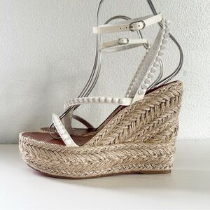 Christian Louboutin Mafaldina Zeppa Spike White Espadrille Wedges Sandals EU 41